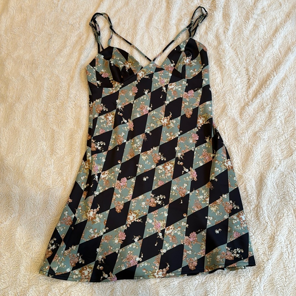 S NWT urban outfitters green and black floral checked strappy mini dress